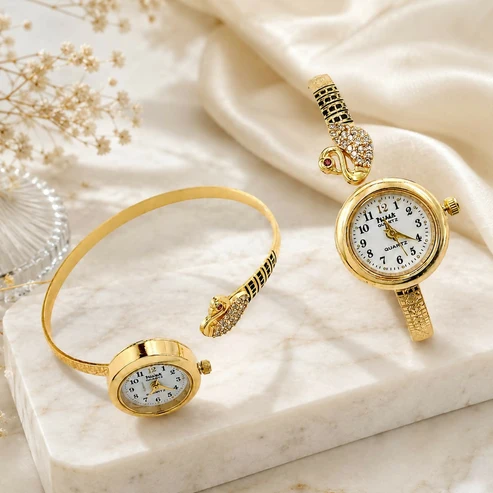 Elegant Gold-Tone Peacock Cuff Bangle Watch for Women – Luxury Analog Wrist Watch with White Dial