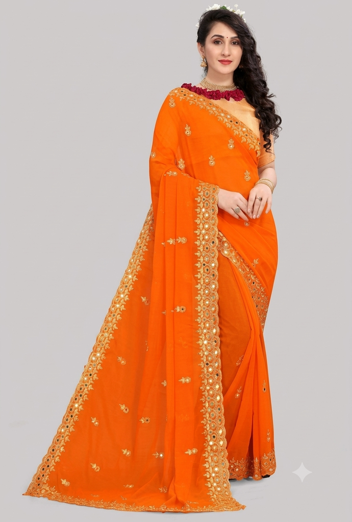 Mirror Work Orange Coloured Georgette Saree